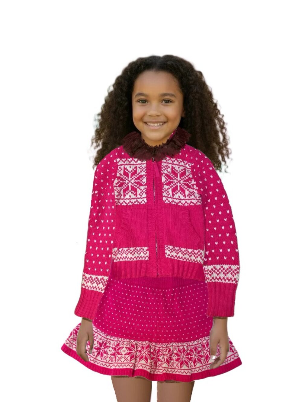 GAP KIDS Fair Isle Faux Fur Trim Hooded Jacket & Skirt Set Sz M (8) Pink/White